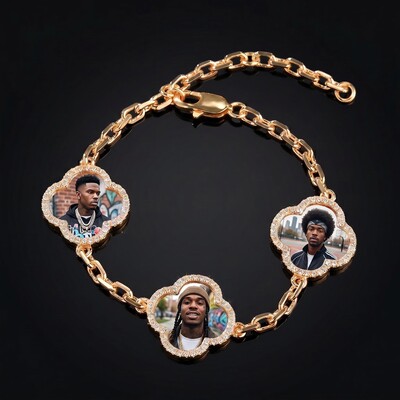 Iced Out Lucky Four-leaf Clover Custom Photo Bracelet Iced Out Lucky Four-leaf Clover Custom Photo Bracelet