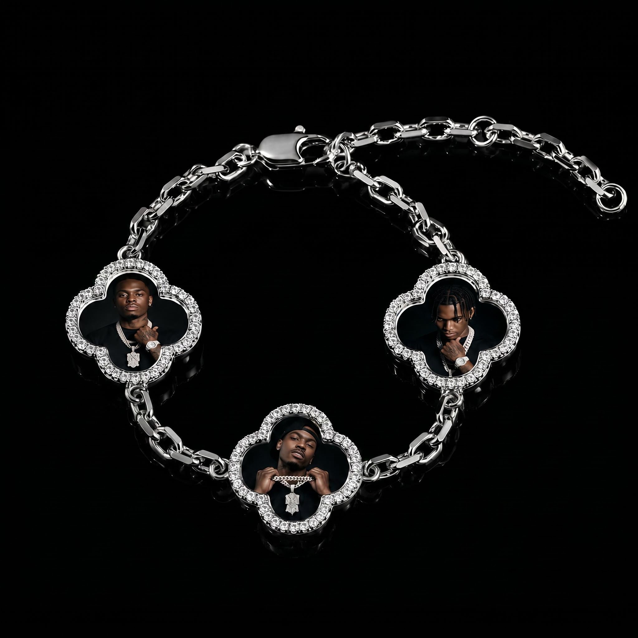 Iced Out Lucky Four-leaf Clover Custom Photo Bracelet Iced Out Lucky Four-leaf Clover Custom Photo Bracelet