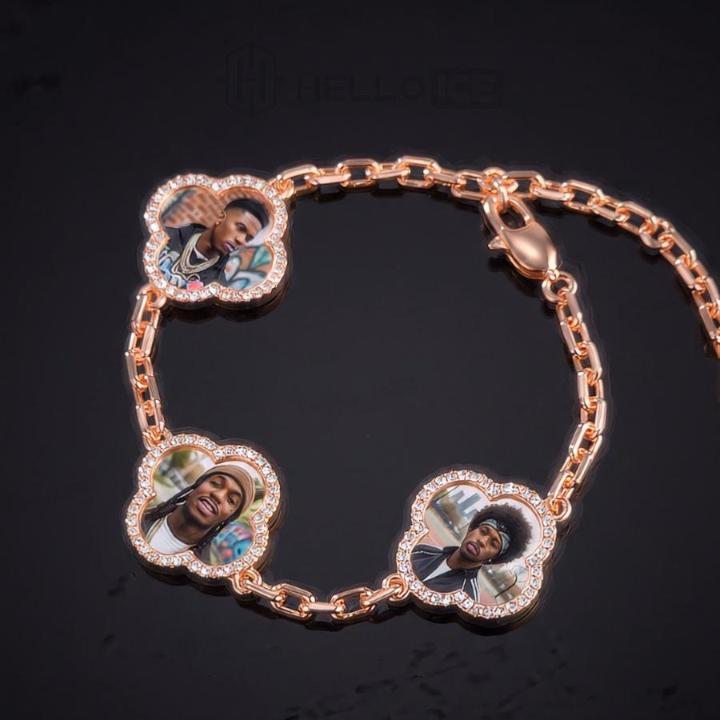 Iced Out Lucky Four-leaf Clover Custom Photo Bracelet Iced Out Lucky Four-leaf Clover Custom Photo Bracelet