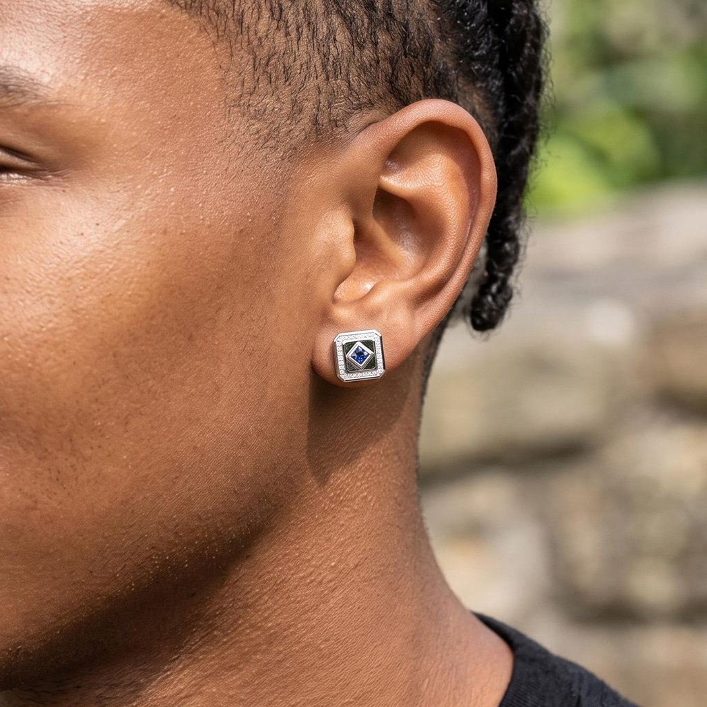 Iced Princess-Cut Blue Sapphire Square Stud Earrings Iced Princess-Cut Blue Sapphire Square Stud Earrings