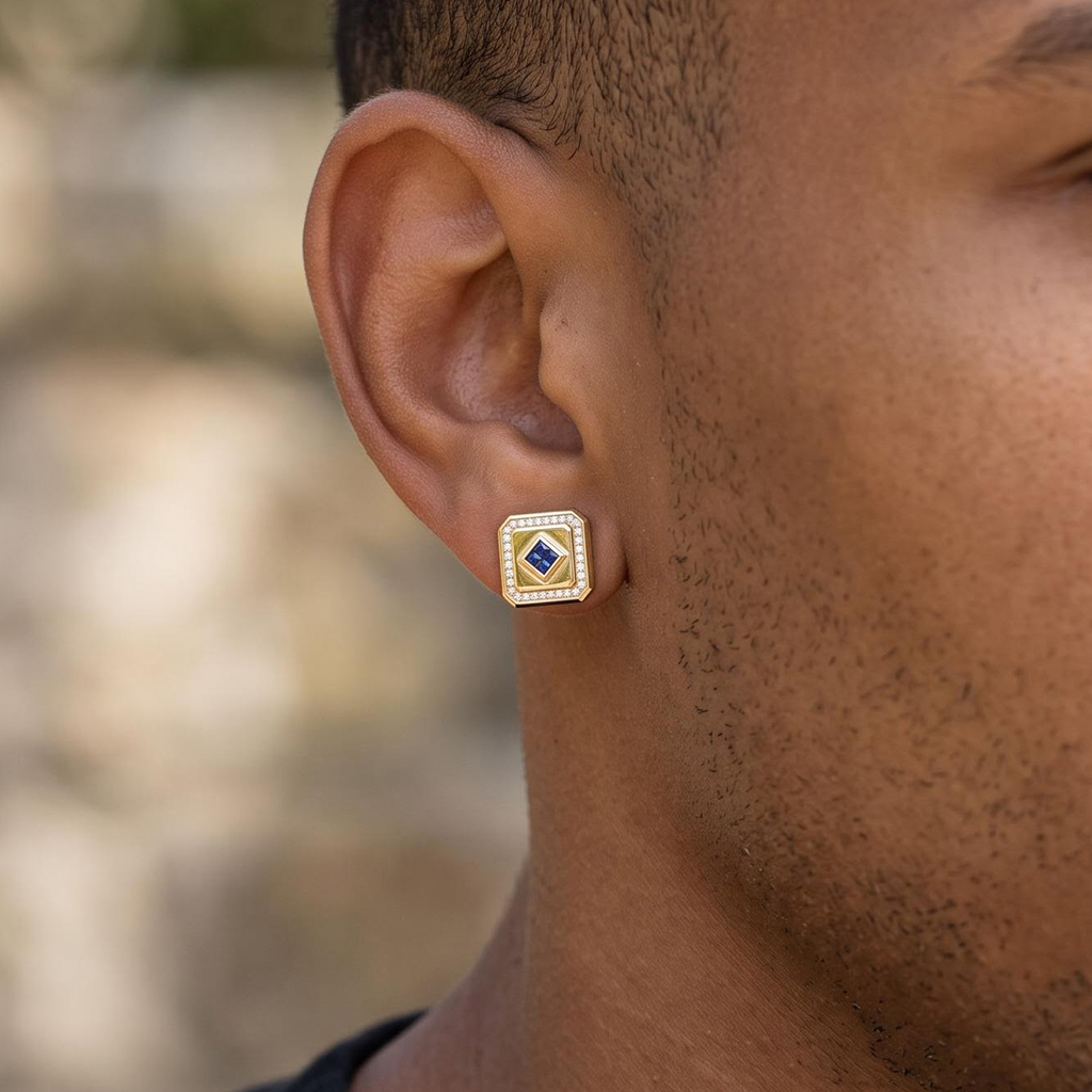 Iced Princess-Cut Blue Sapphire Square Stud Earrings Iced Princess-Cut Blue Sapphire Square Stud Earrings