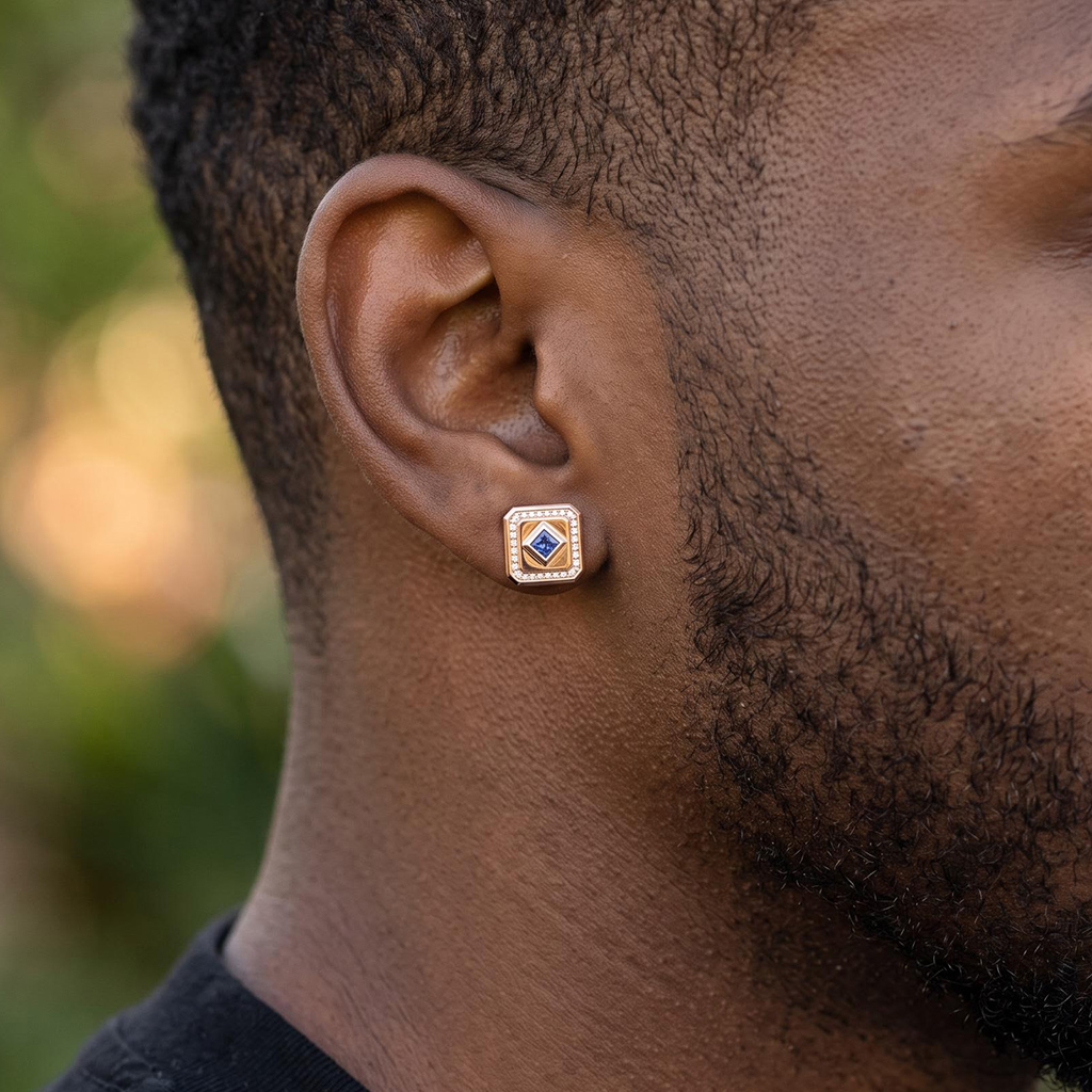 Iced Princess-Cut Blue Sapphire Square Stud Earrings Iced Princess-Cut Blue Sapphire Square Stud Earrings