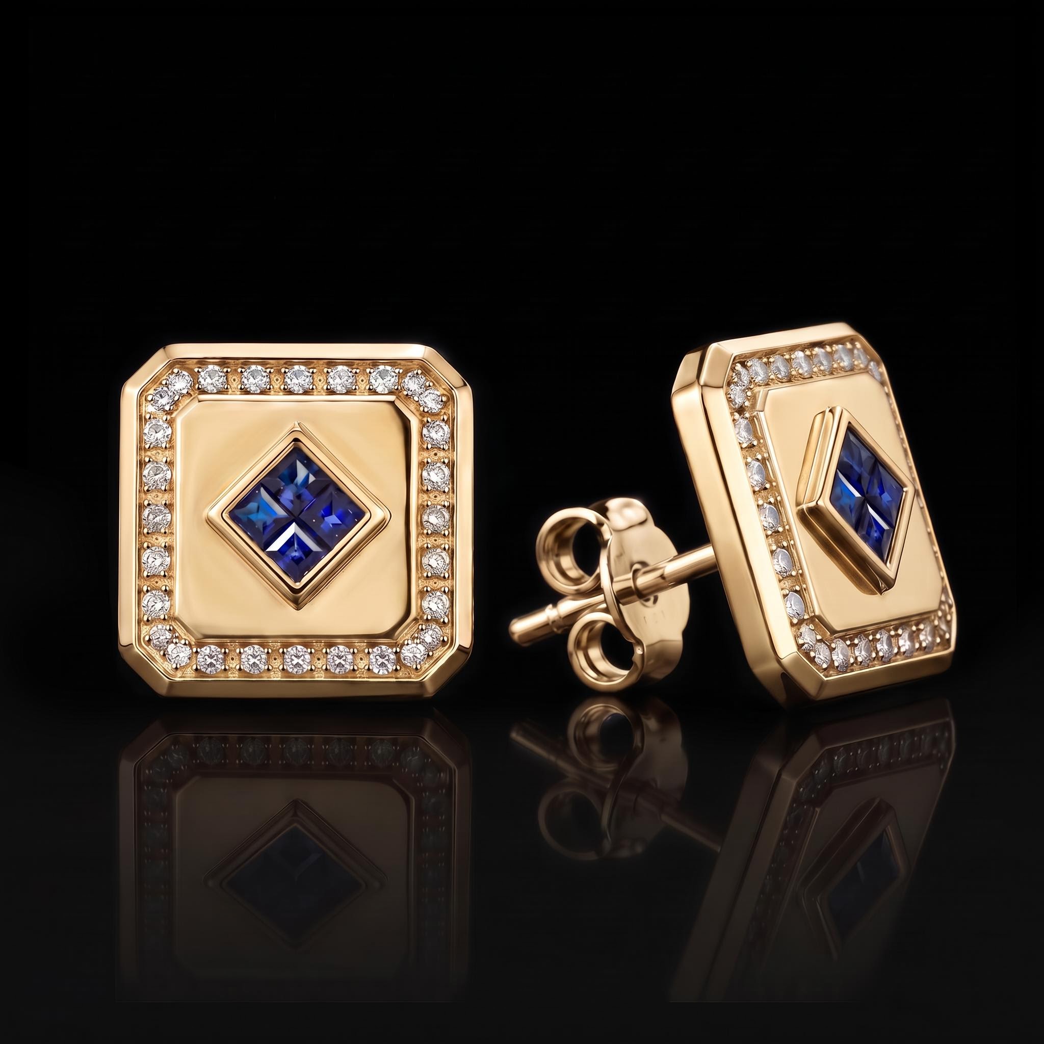 Iced Princess-Cut Blue Sapphire Square Stud Earrings Iced Princess-Cut Blue Sapphire Square Stud Earrings
