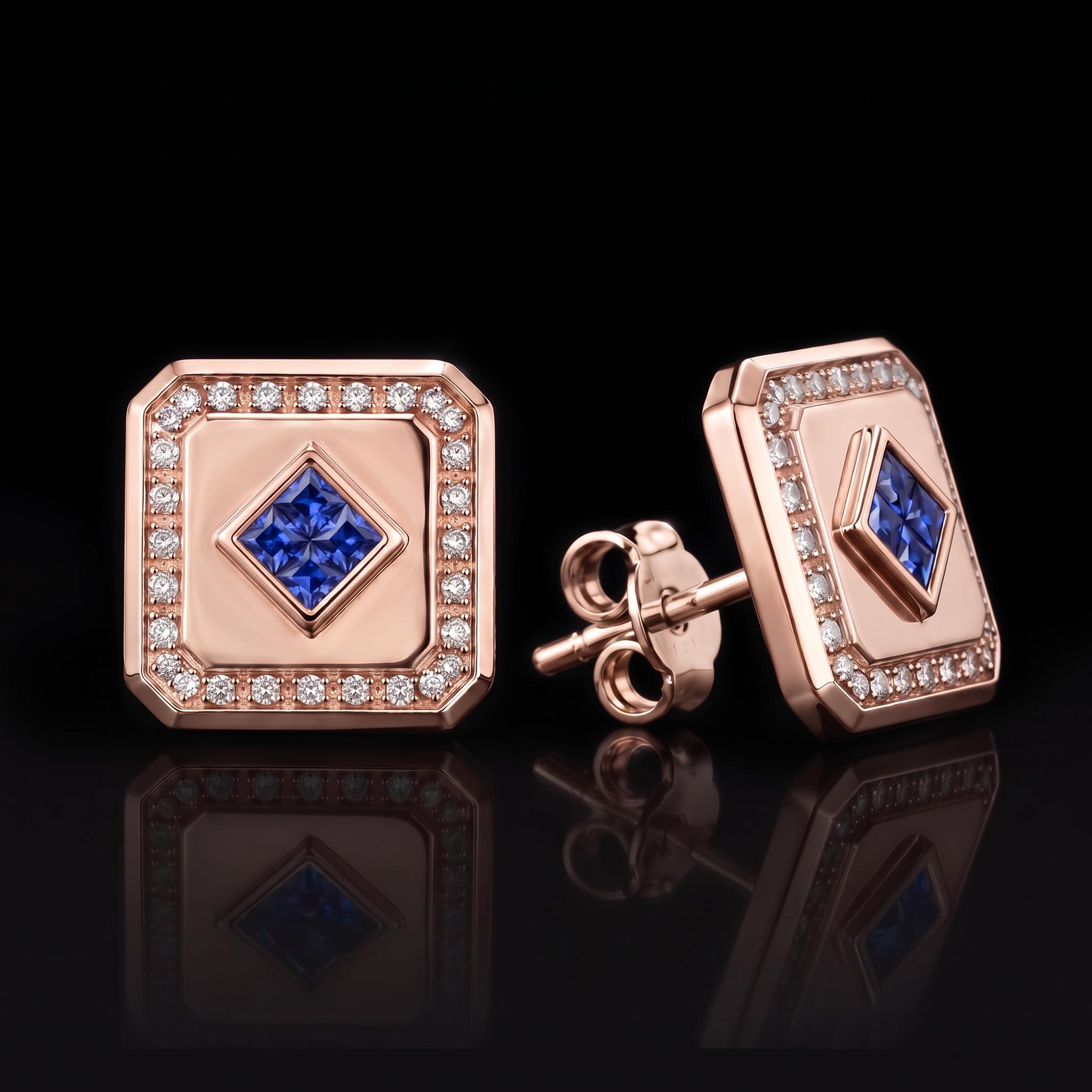 Iced Princess-Cut Blue Sapphire Square Stud Earrings Iced Princess-Cut Blue Sapphire Square Stud Earrings