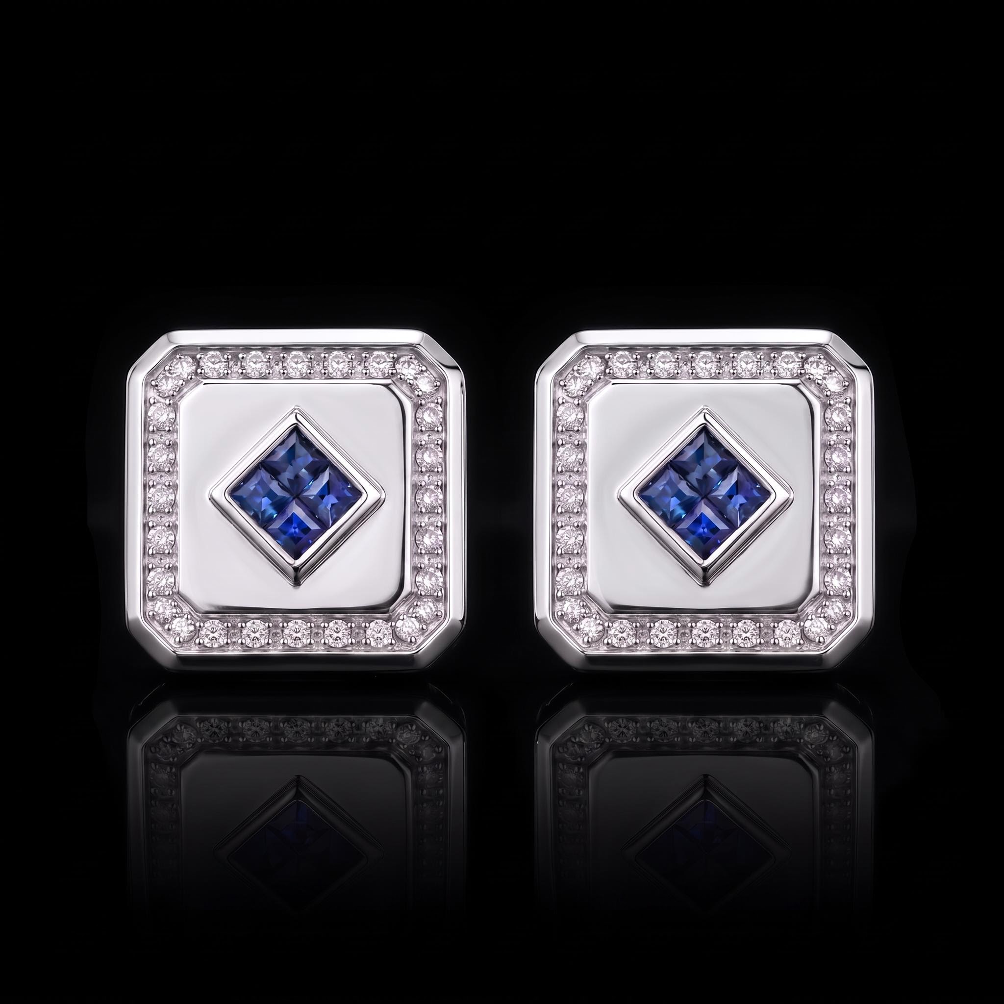 Iced Princess-Cut Blue Sapphire Square Stud Earrings Iced Princess-Cut Blue Sapphire Square Stud Earrings