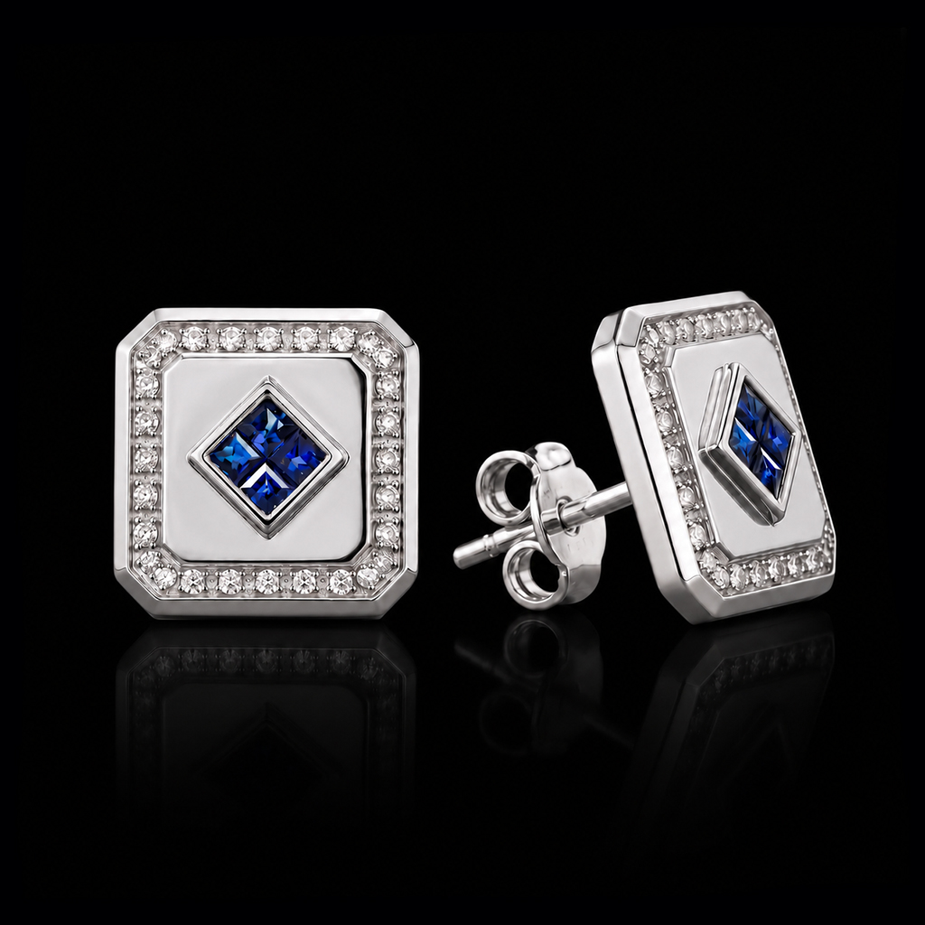 Iced Princess-Cut Blue Sapphire Square Stud Earrings Iced Princess-Cut Blue Sapphire Square Stud Earrings