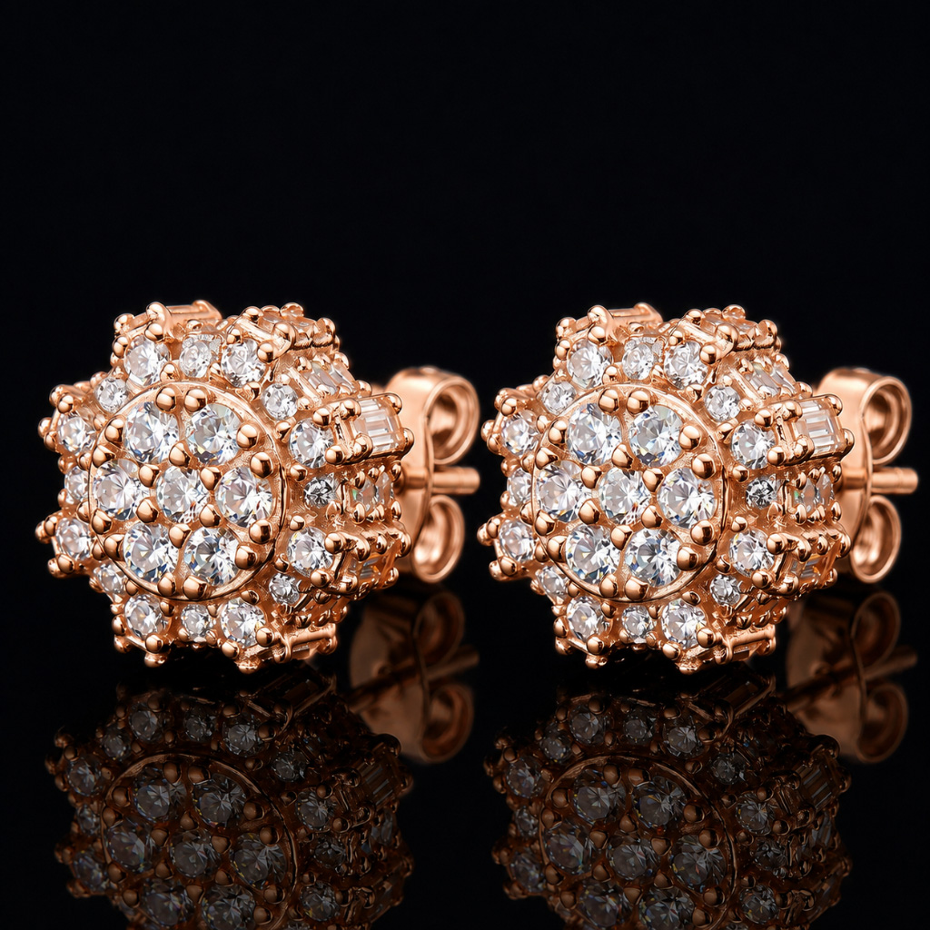 Iced Out Baguette & Round Cut Cluster Earrings Iced Out Baguette & Round Cut Cluster Earrings