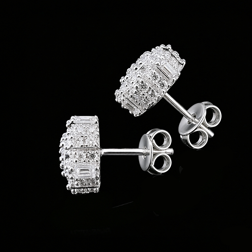 Iced Out Baguette & Round Cut Cluster Earrings Iced Out Baguette & Round Cut Cluster Earrings