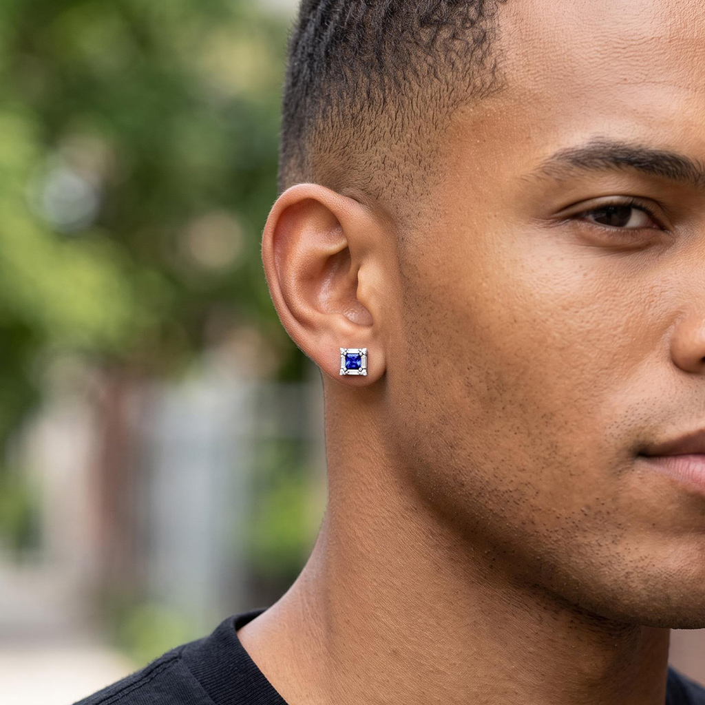 Iced Out Princess Cut Sapphire Stud Earrings