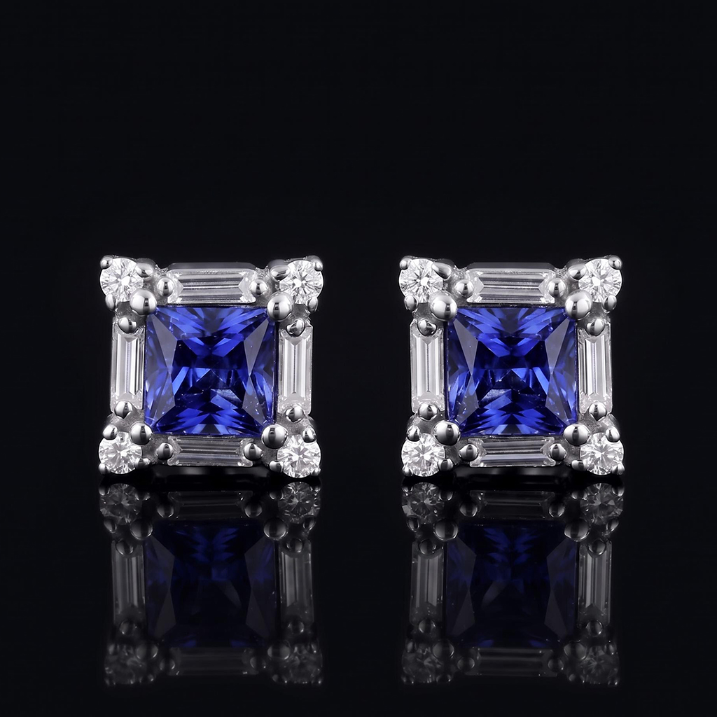 Iced Out Princess Cut Sapphire Stud Earrings