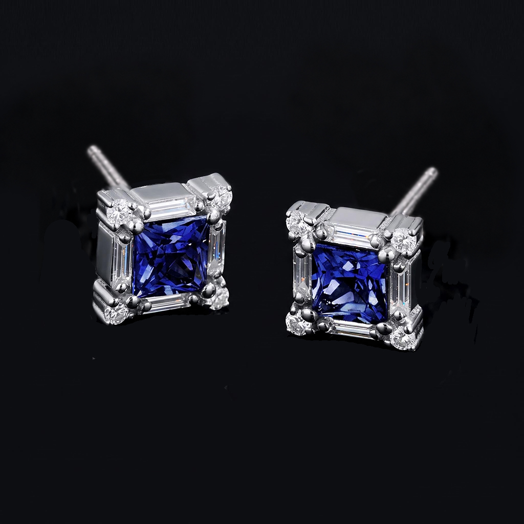 Iced Out Princess Cut Sapphire Stud Earrings