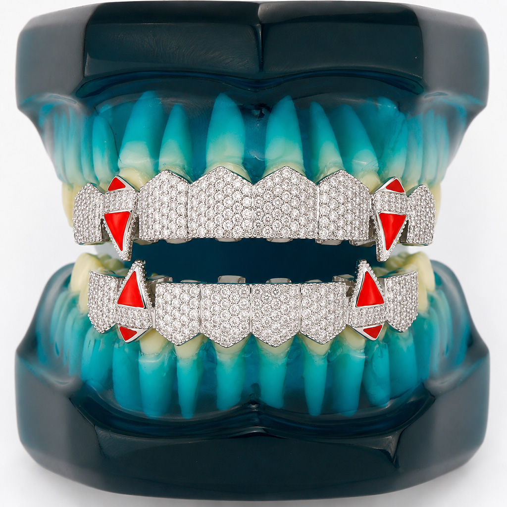 Iced Out Enamel Vampire Fangs Grillz Set