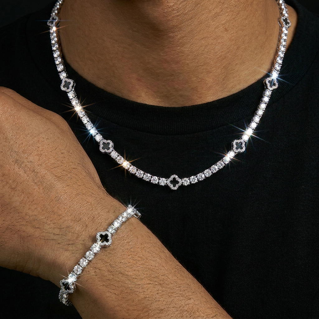 Iced Out Black Four Leaf Clover Tennis Chain and Bracelet Set