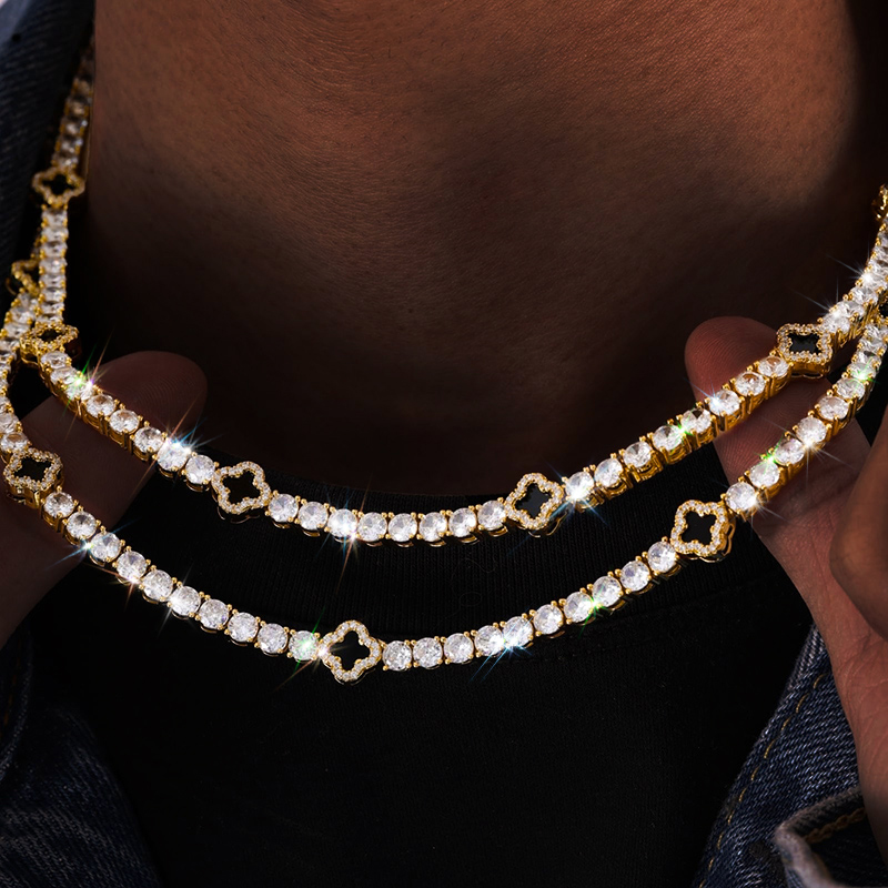 Iced Out Black Four Leaf Clover Tennis Chain and Bracelet Set
