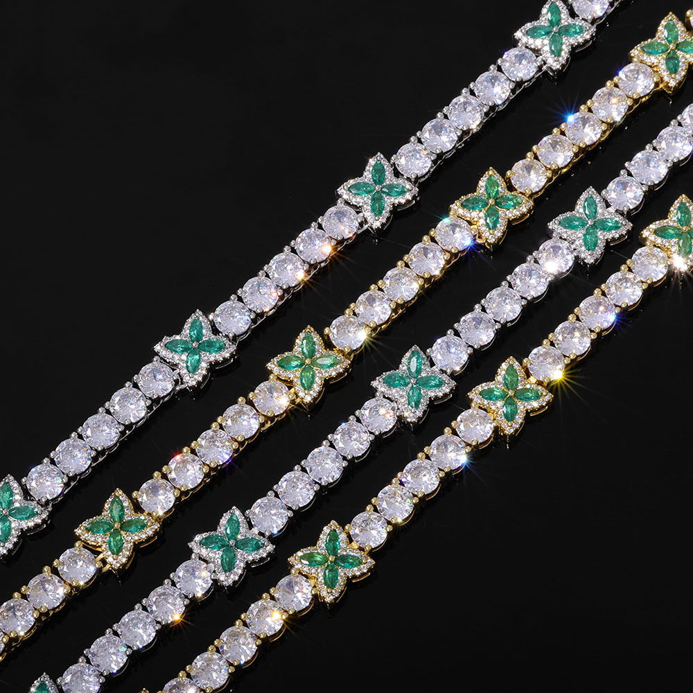 Iced Out Green Four Leaf Clover Tennis Chain and Bracelet Set