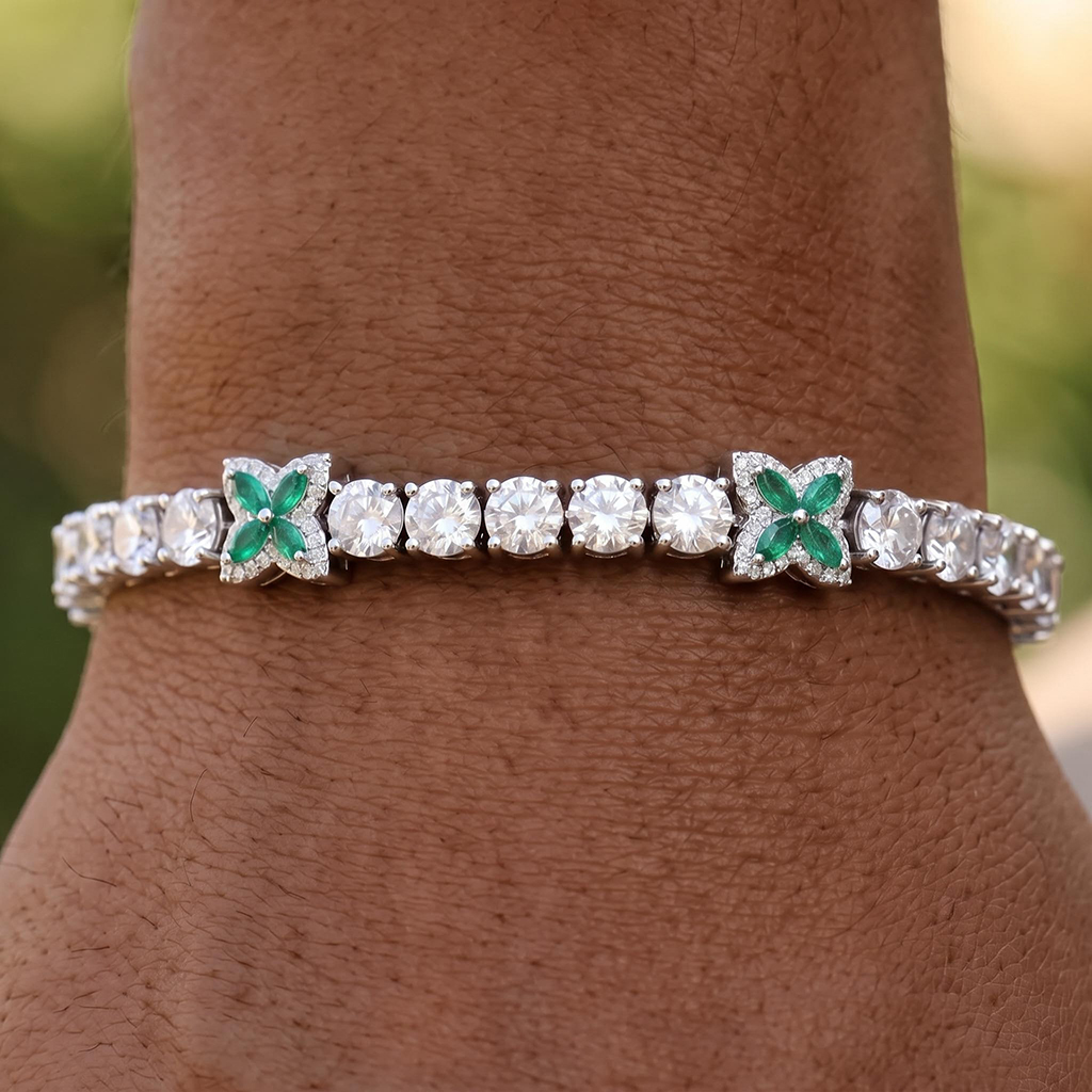 Iced Out Green Four Leaf Clover Tennis Chain and Bracelet Set