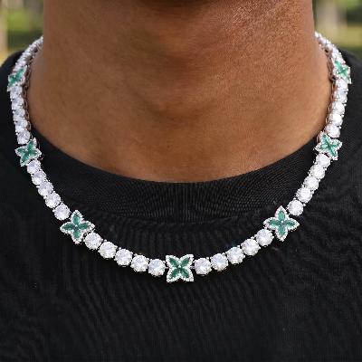Iced Out Green Four Leaf Clover Tennis Chain and Bracelet Set