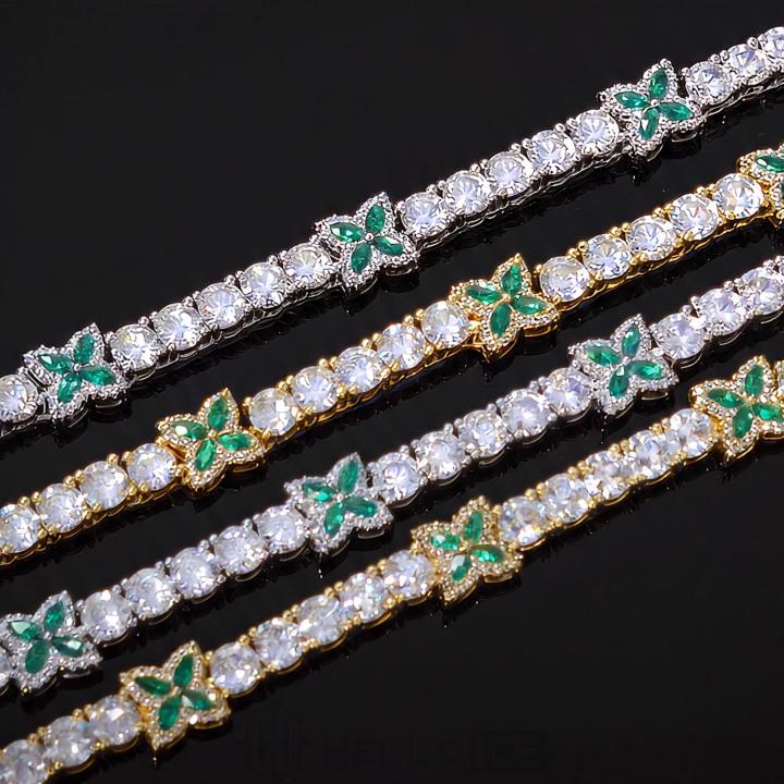 Iced Out Green Four Leaf Clover Tennis Chain and Bracelet Set Iced Out Green Four Leaf Clover Tennis Chain and Bracelet Set