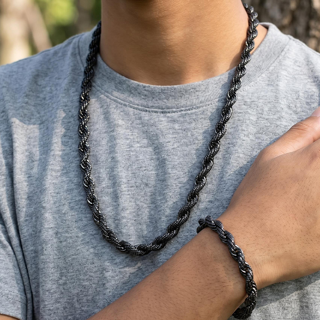 9mm Black Iced Out Rope Chain and Bracelet Set 9mm Black Iced Out Rope Chain and Bracelet Set