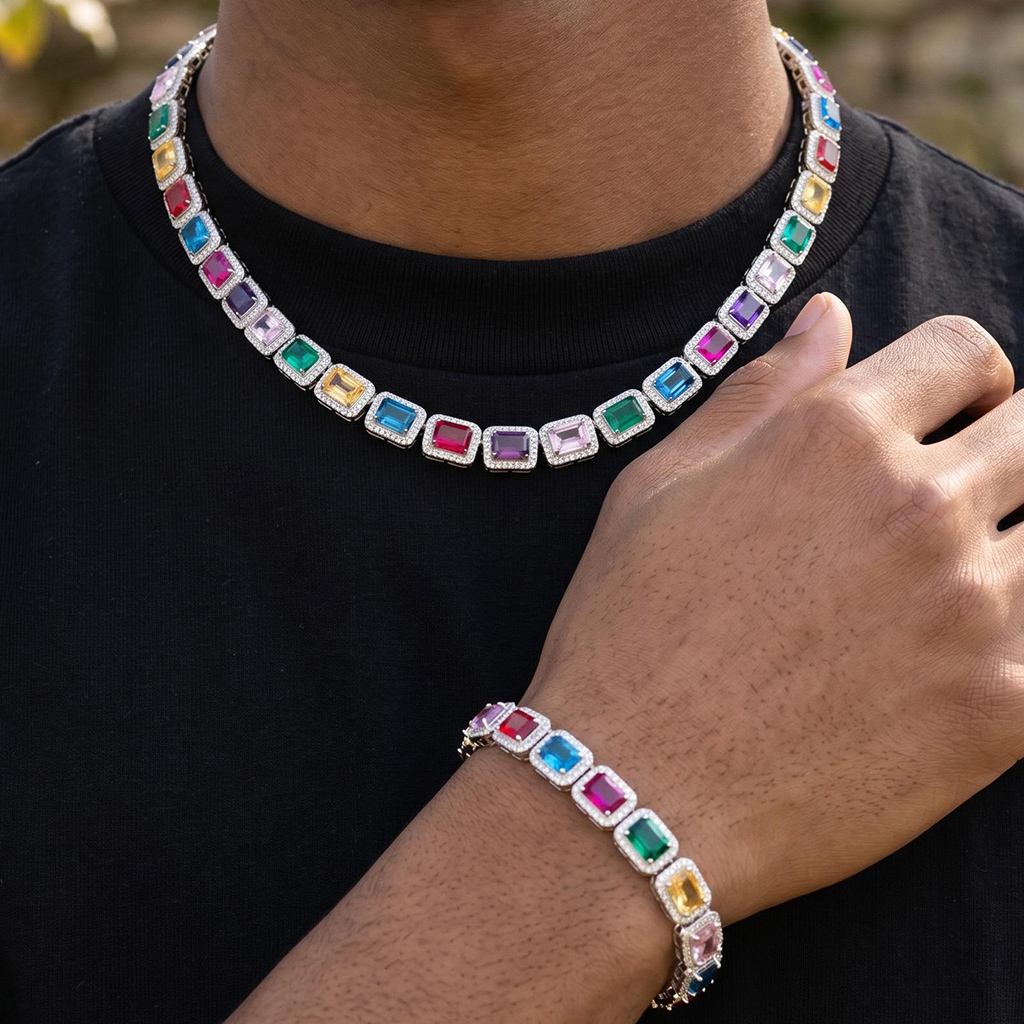 Iced Out 10mm Multi-color Rainbow Tennis Chain and Bracelet Set