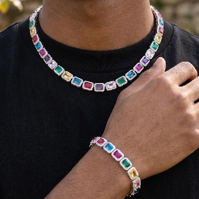 Iced Out 10mm Multi-color Rainbow Tennis Chain and Bracelet Set