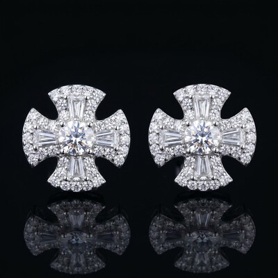 925 Silver & VVS1 Moissanite Baguette Cross Earrings