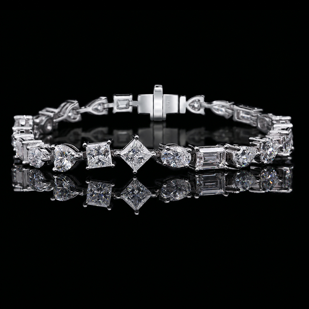 925 Silver & VVS1 Moissanite Harmony of Shapes Tennis Bracelet 925 Silver & VVS1 Moissanite Harmony of Shapes Tennis Bracelet