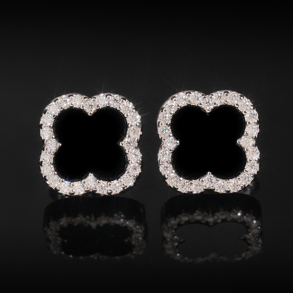 925 Silver & VVS1 Moissanite Black Onyx Four-leaf Clover Earrings