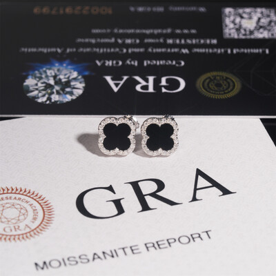 925 Silver & VVS1 Moissanite Black Onyx Four-leaf Clover Earrings