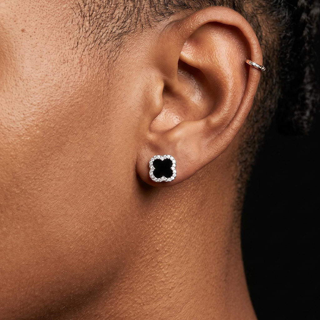 925 Silver & VVS1 Moissanite Black Onyx Four-leaf Clover Earrings