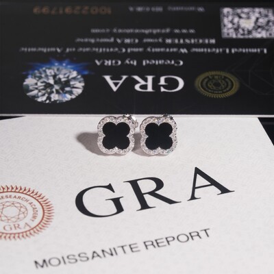 925 Silver & VVS1 Moissanite Black Onyx Four-leaf Clover Earrings