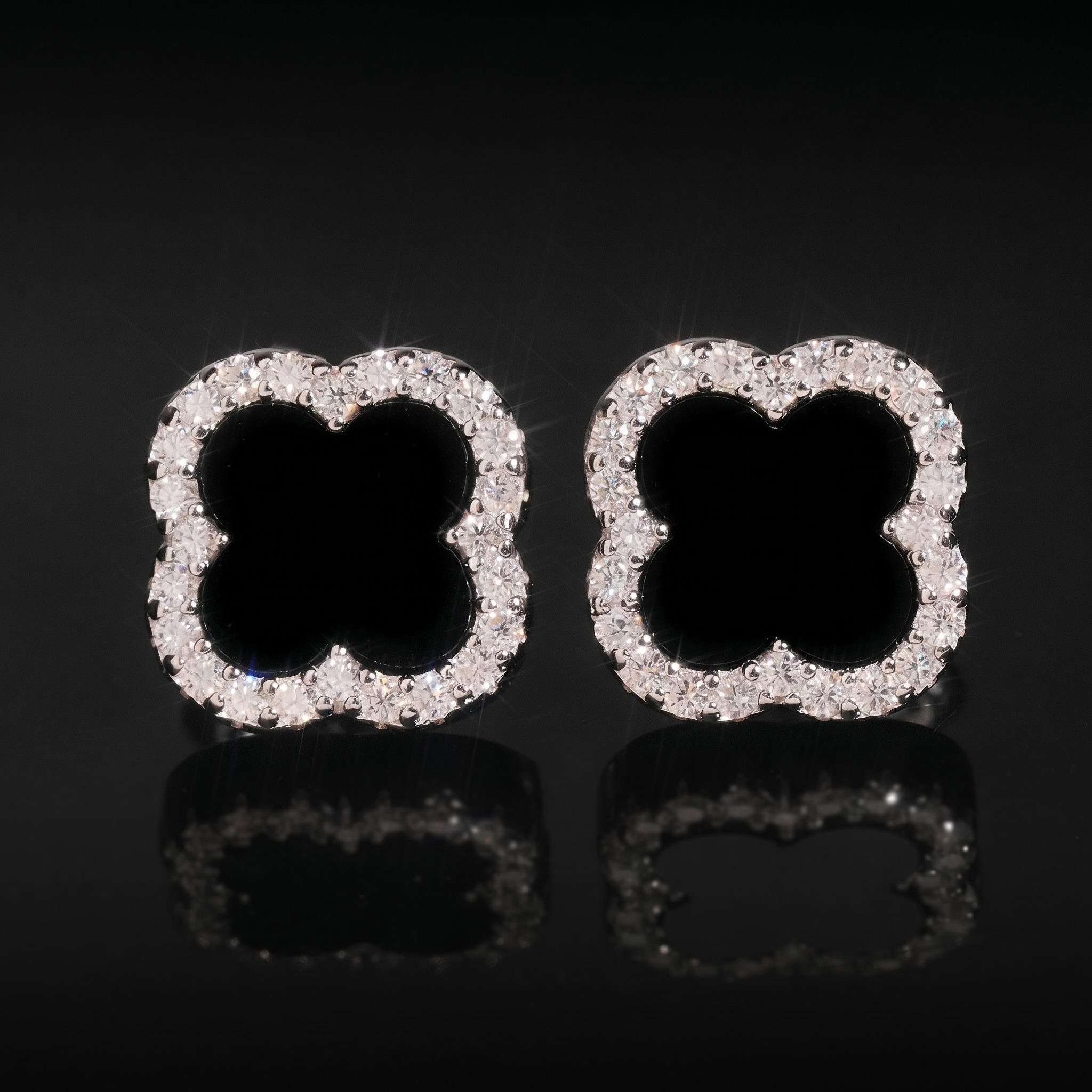 925 Silver & VVS1 Moissanite Black Onyx Four-leaf Clover Earrings 925 Silver & VVS1 Moissanite Black Onyx Four-leaf Clover Earrings