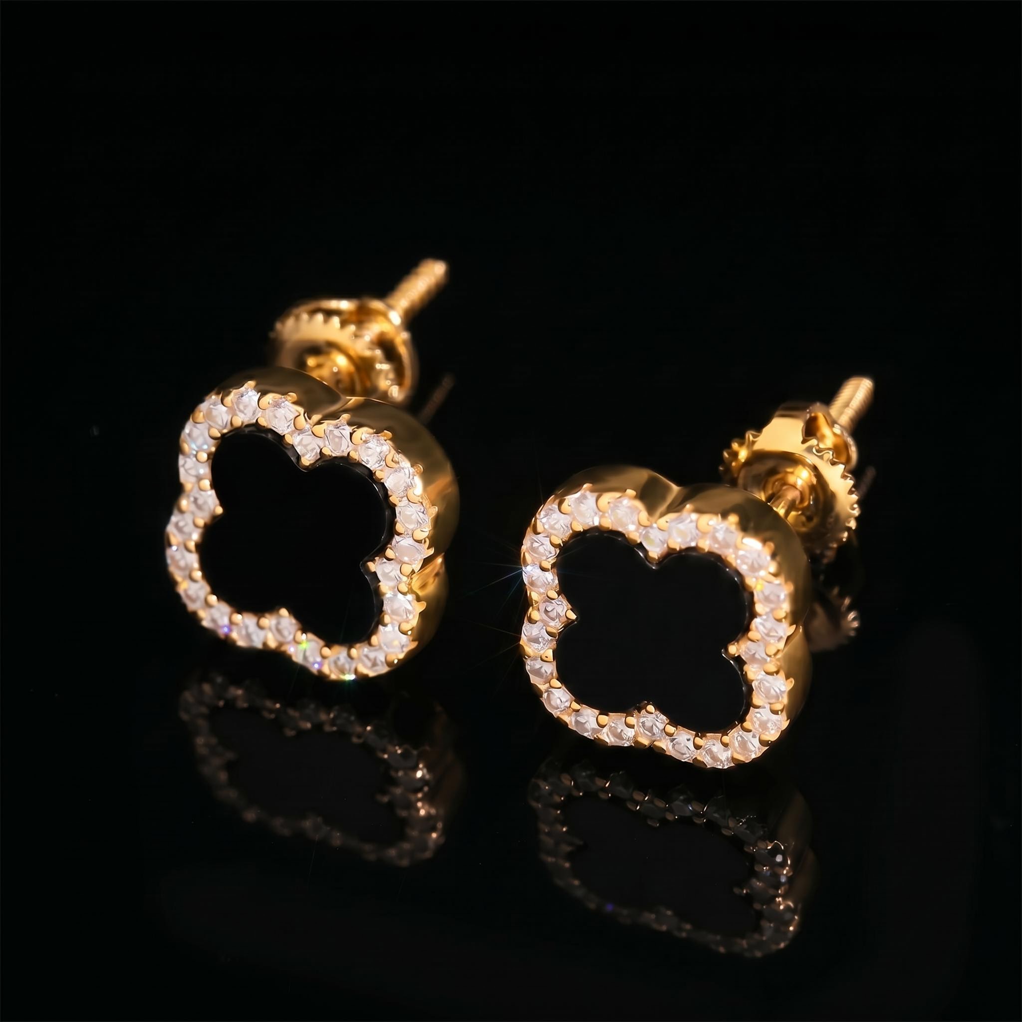925 Silver & VVS1 Moissanite Black Onyx Four-leaf Clover Earrings 925 Silver & VVS1 Moissanite Black Onyx Four-leaf Clover Earrings