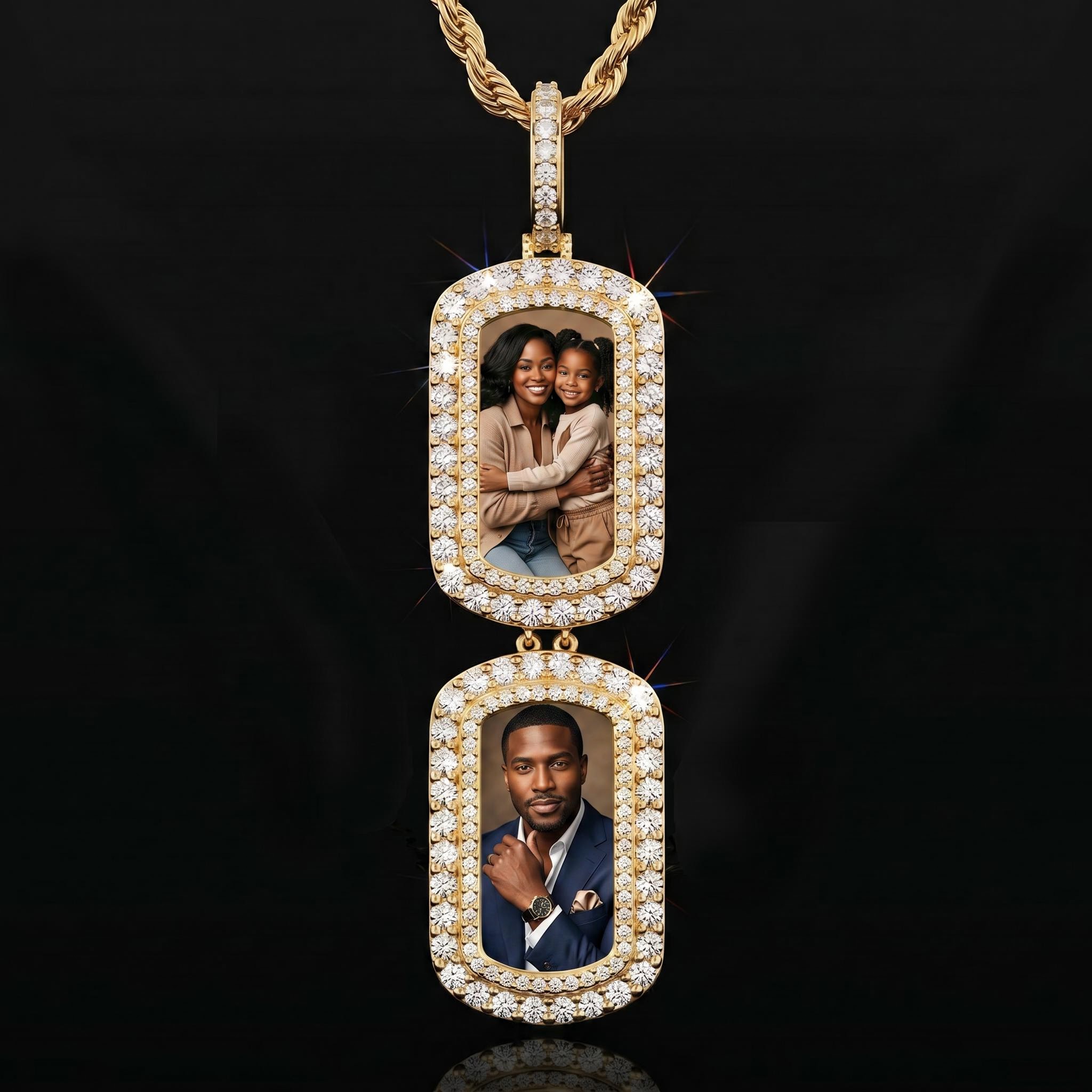 Iced Out Double Dog Tag Custom Photo Pendant Iced Out Double Dog Tag Custom Photo Pendant