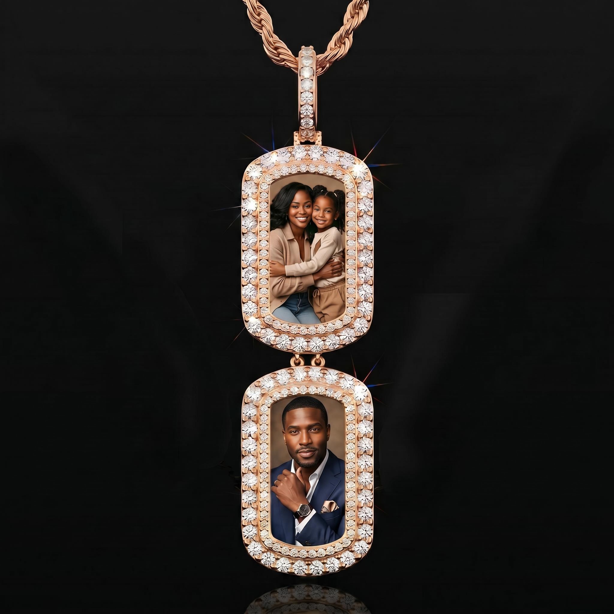 Iced Out Double Dog Tag Custom Photo Pendant Iced Out Double Dog Tag Custom Photo Pendant