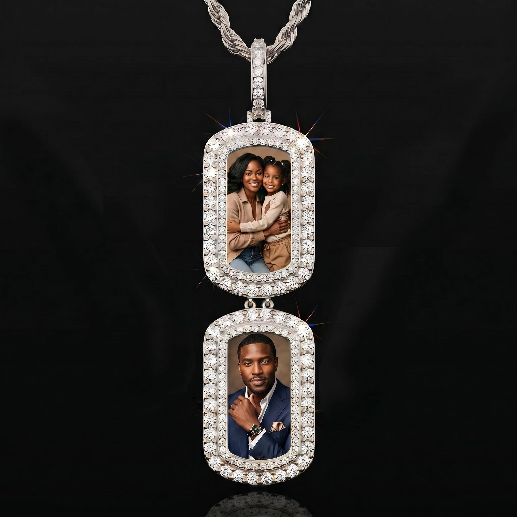 Iced Out Double Dog Tag Custom Photo Pendant Iced Out Double Dog Tag Custom Photo Pendant