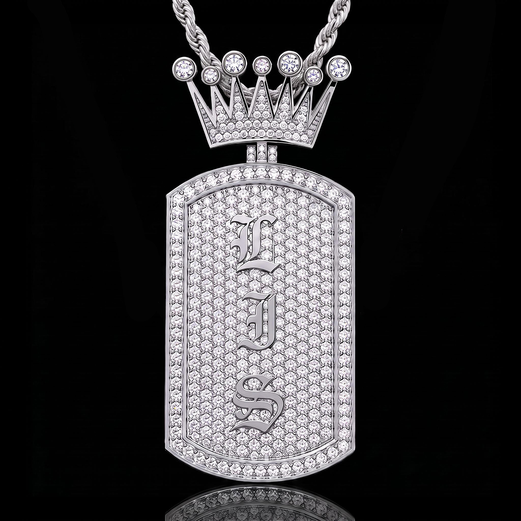 Iced Out Crown Old English Custom Name Dog Tag Pendant
