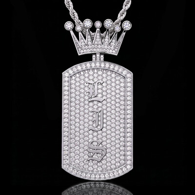 Iced Out Crown Old English Custom Name Dog Tag Pendant