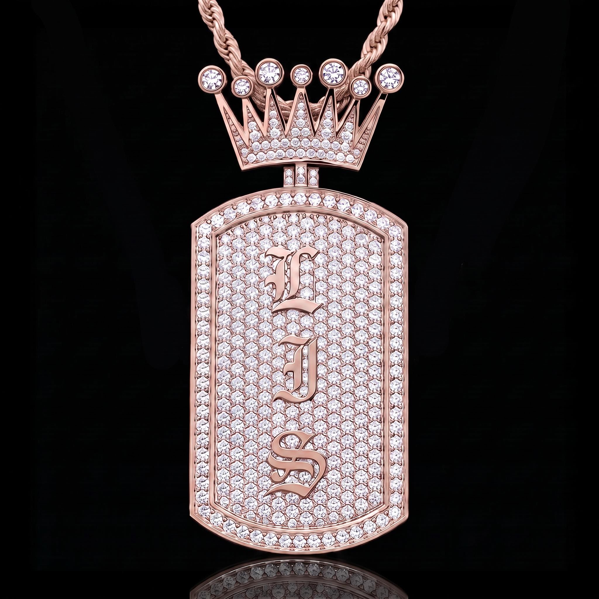 Iced Out Crown Old English Custom Name Dog Tag Pendant