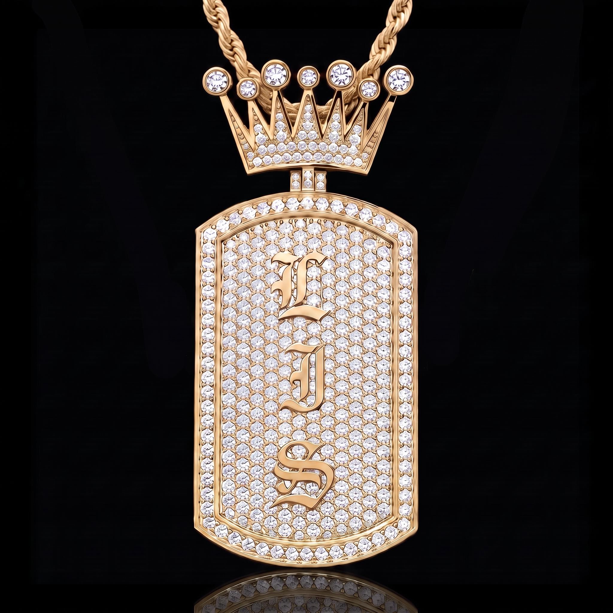 Iced Out Crown Old English Custom Name Dog Tag Pendant