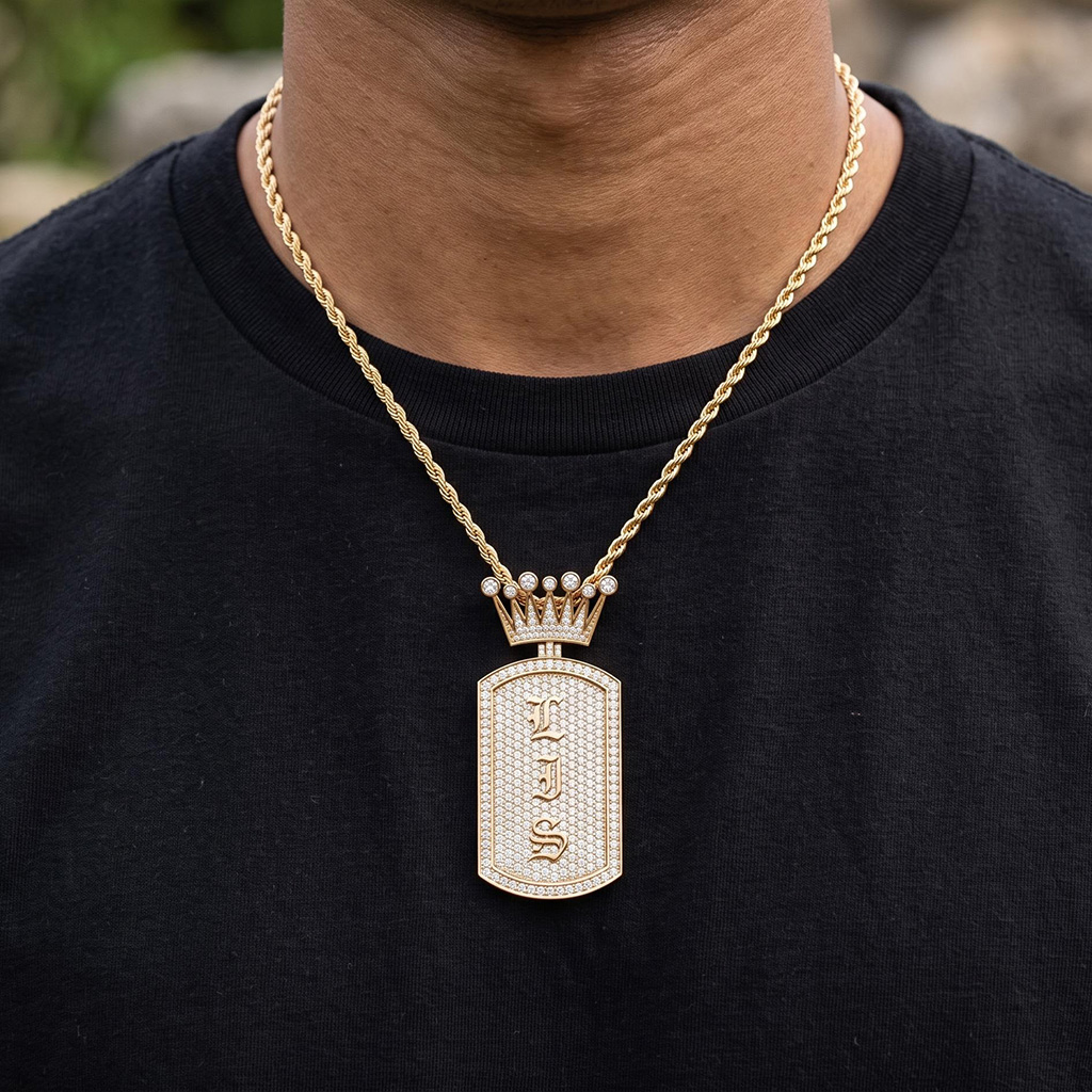 Iced Out Crown Old English Custom Name Dog Tag Pendant