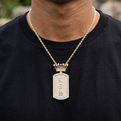 Iced Out Crown Old English Custom Name Dog Tag Pendant