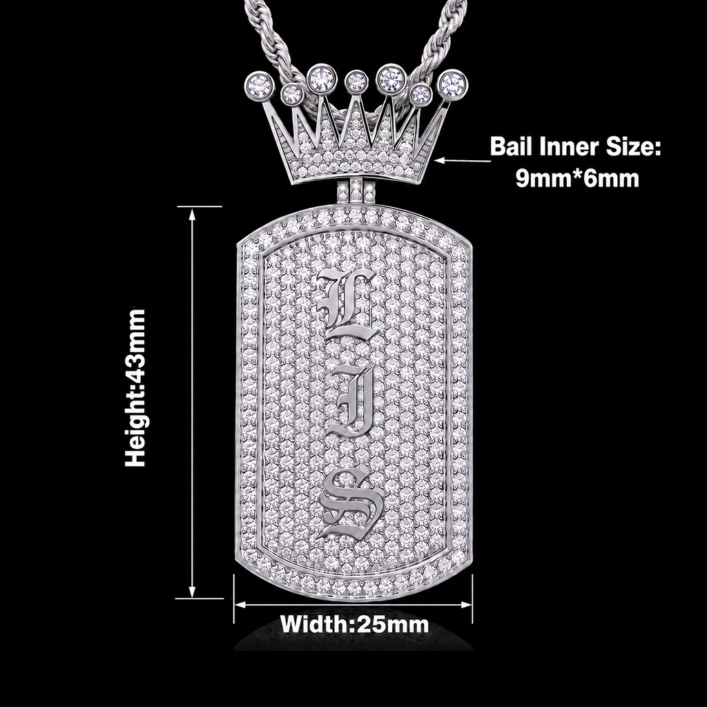 Iced Out Crown Old English Custom Name Dog Tag Pendant