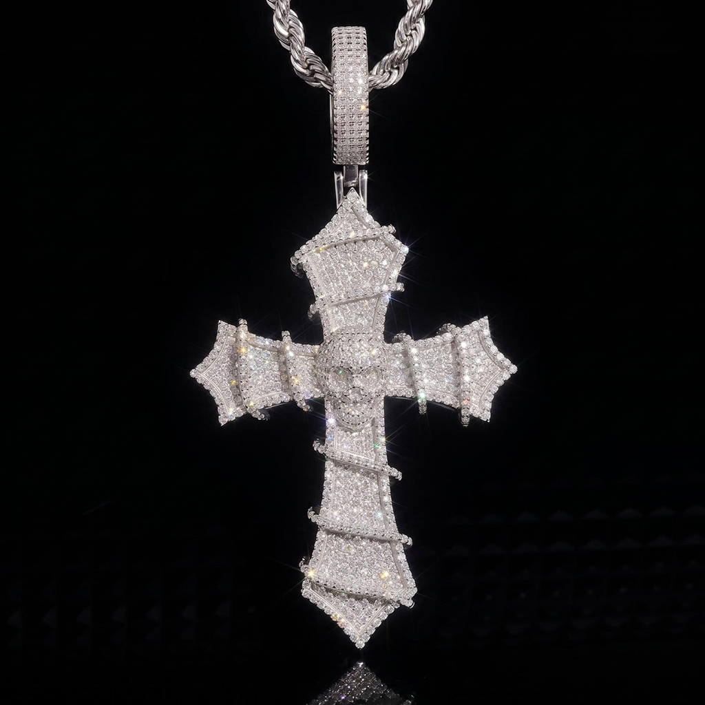 Iced Out Skull Thorned Cross Pendant