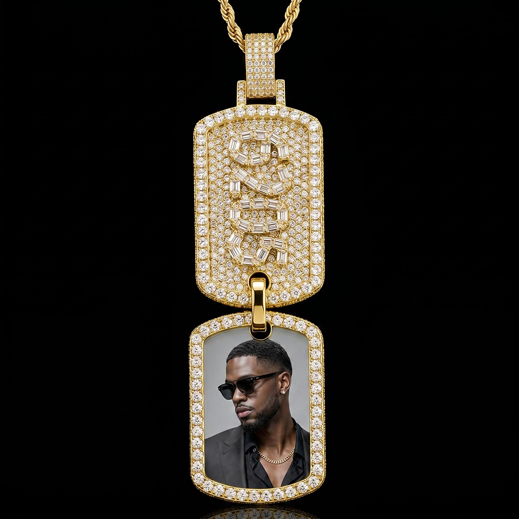 Iced Out Baguette Cut Custom Name & Photo Double Dog Tag Pendant Iced Out Baguette Cut Custom Name & Photo Double Dog Tag Pendant
