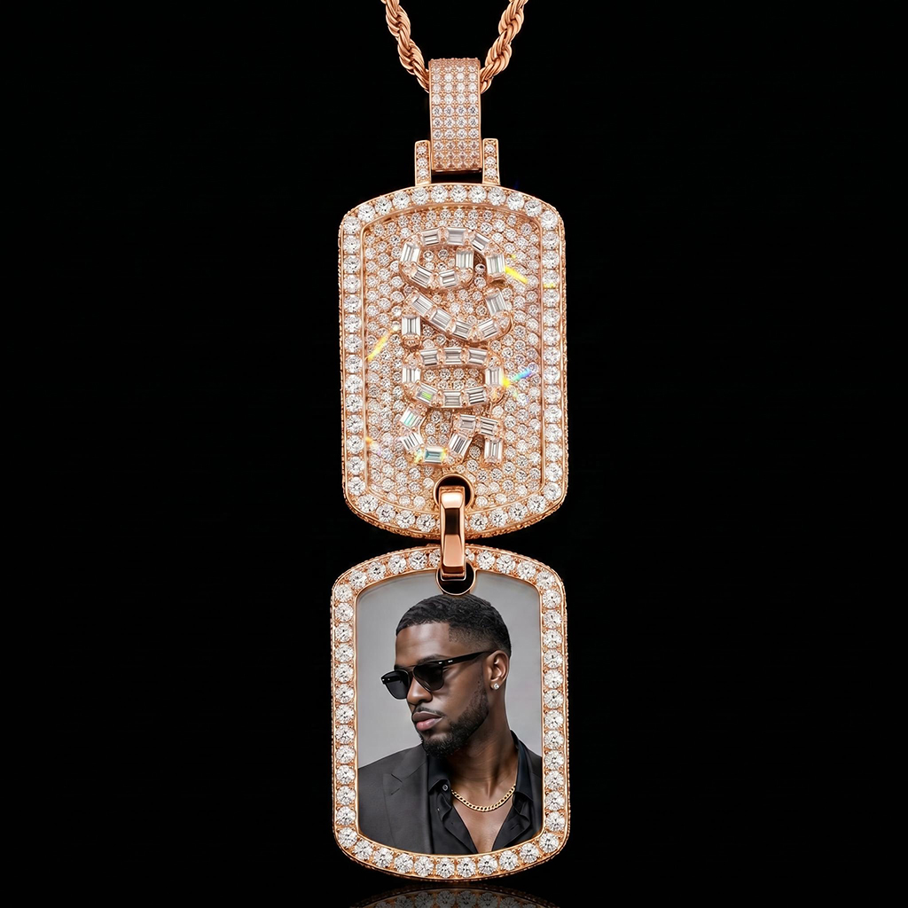 Iced Out Baguette Cut Custom Name & Photo Double Dog Tag Pendant Iced Out Baguette Cut Custom Name & Photo Double Dog Tag Pendant