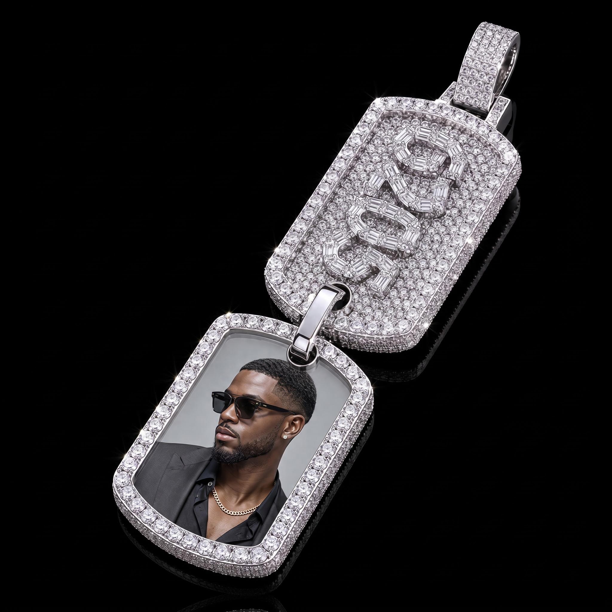 Iced Out Baguette Cut Custom Name & Photo Double Dog Tag Pendant Iced Out Baguette Cut Custom Name & Photo Double Dog Tag Pendant