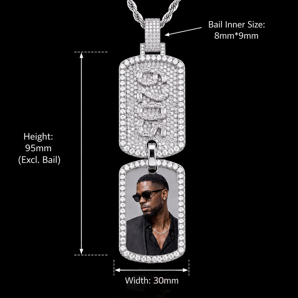 Iced Out Baguette Cut Custom Name & Photo Double Dog Tag Pendant Iced Out Baguette Cut Custom Name & Photo Double Dog Tag Pendant