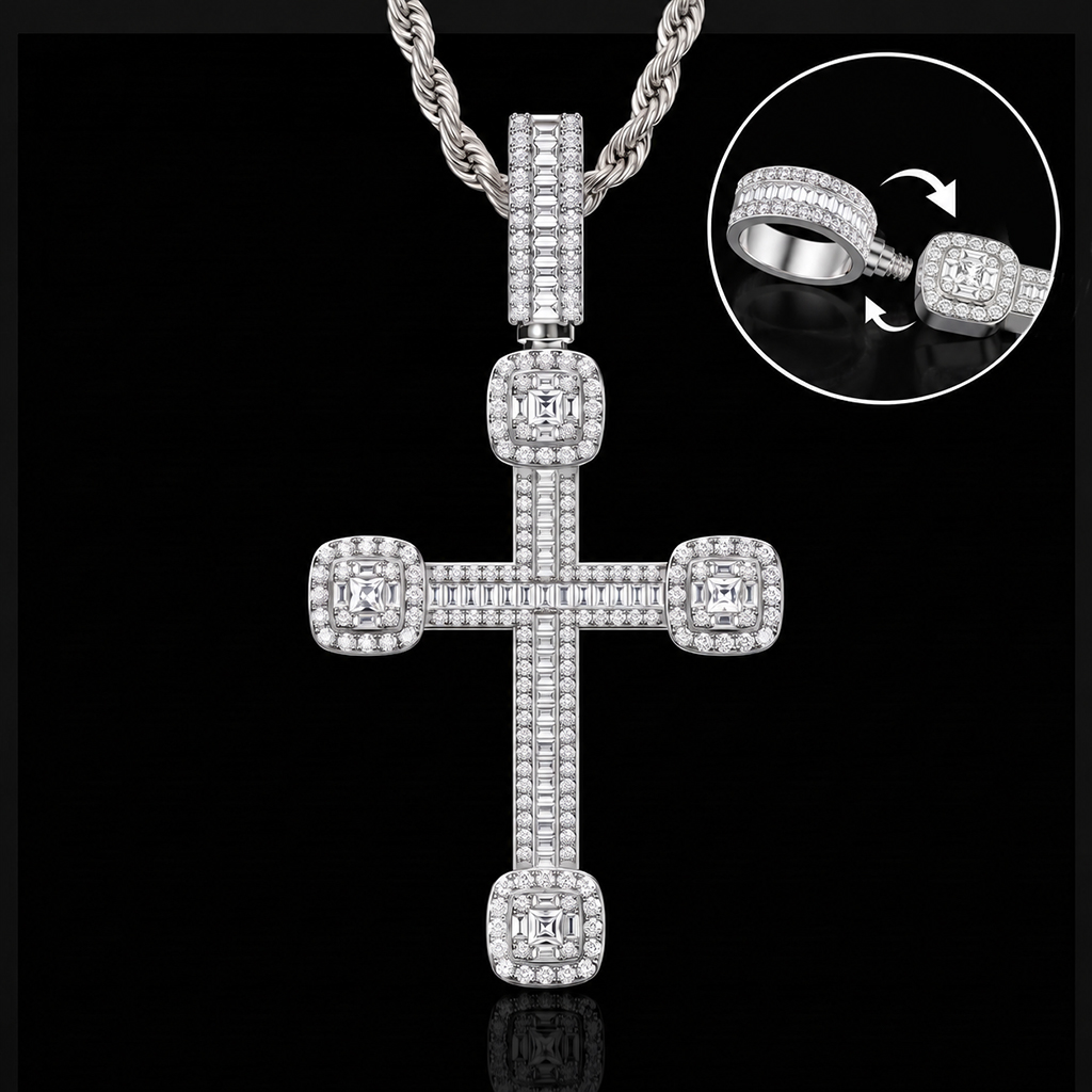 Iced Out Baguette Cross Urn Pendant Iced Out Baguette Cross Urn Pendant