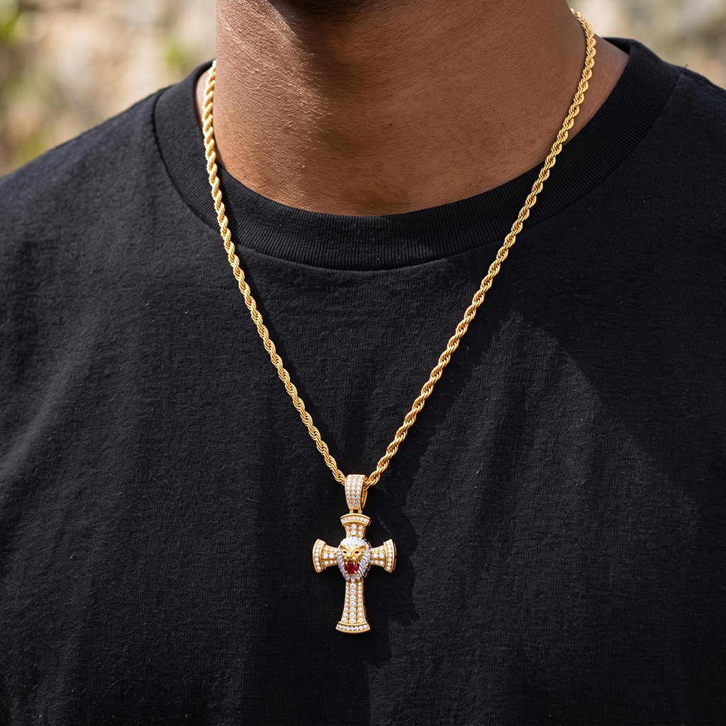 Iced Out Ruby Lion Cross Pendant Iced Out Ruby Lion Cross Pendant